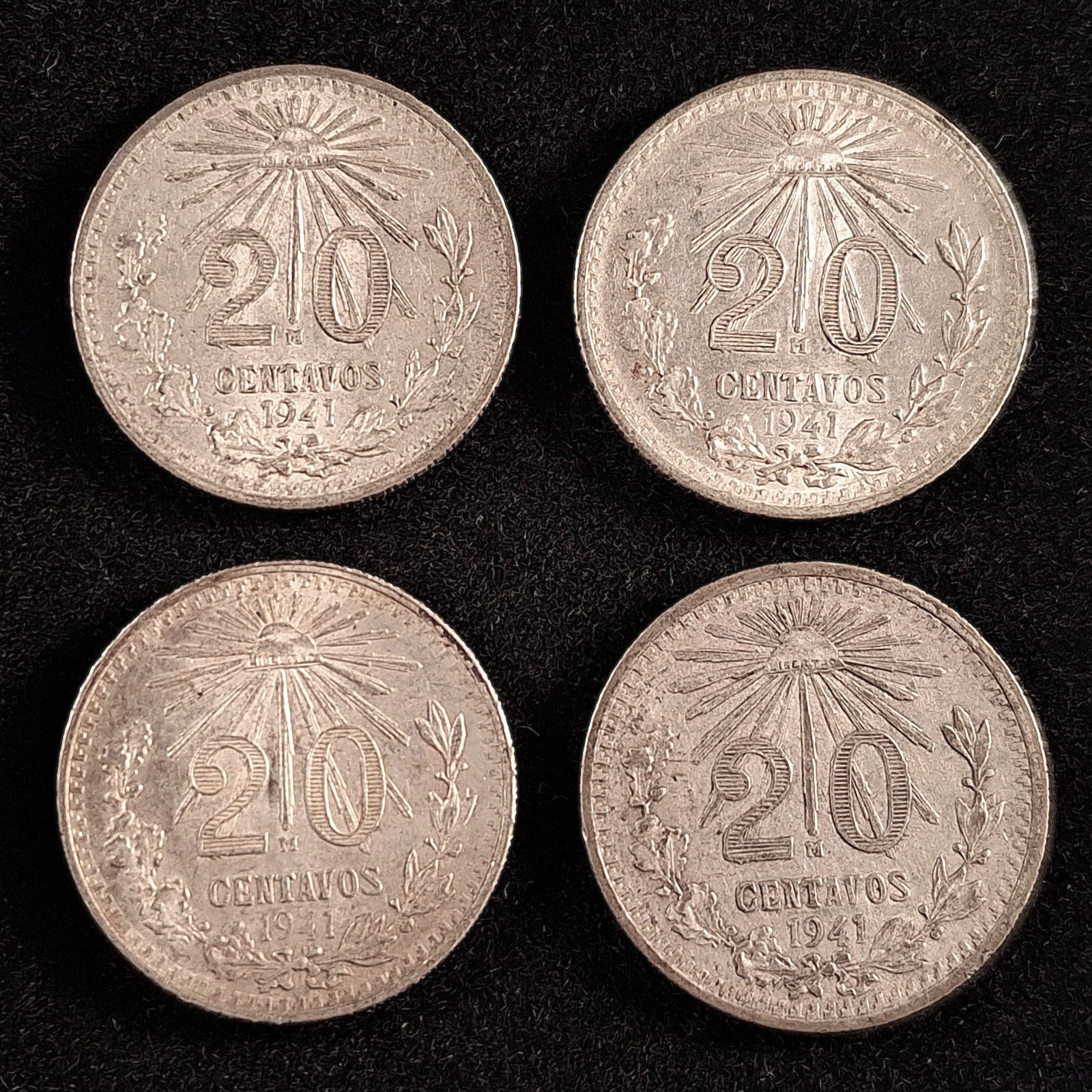 1941 20 Centavos Mexico 72% Silver KM 438, Lot of 4 