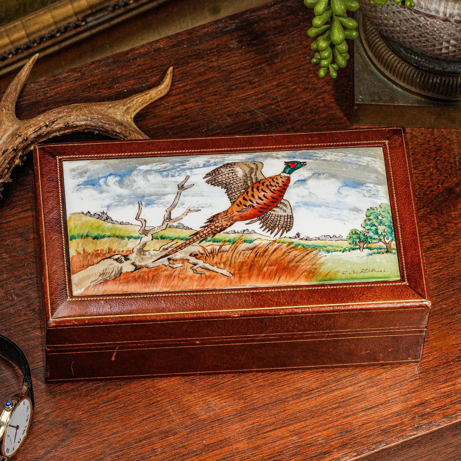 Vintage Hand Painted Porcelain Plaque Pheasant Bird Hunting Theme Leather Box