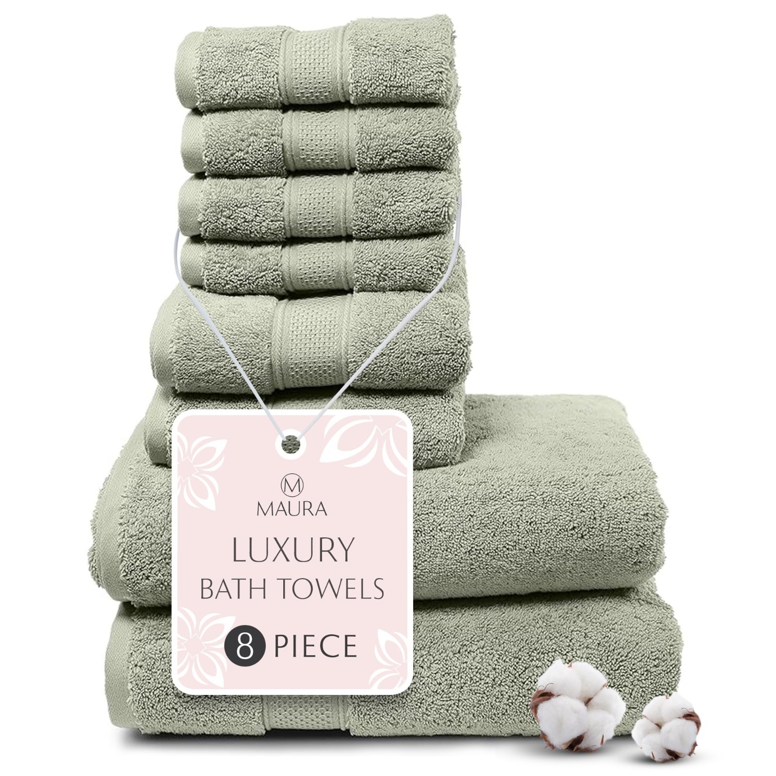 MAURA Sage Green Bath Towel Set of 8 for Bathroom. Turkish Cotton Luxury Bath To