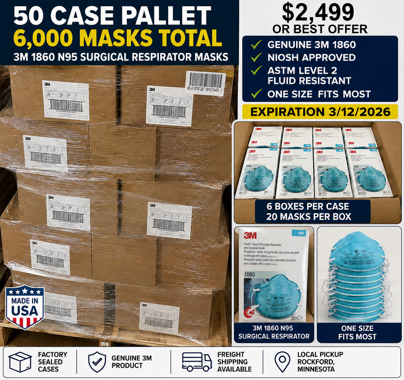 50 CASES 3M 1860 N95 SURGICAL RESPIRATOR 6000 MASKS TOTAL EXP 2026 PALLET NEW