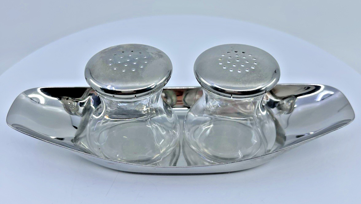 VTG MCM Modern Glass Stainless Steal Milk Jug Salt & Pepper Shakers Tray