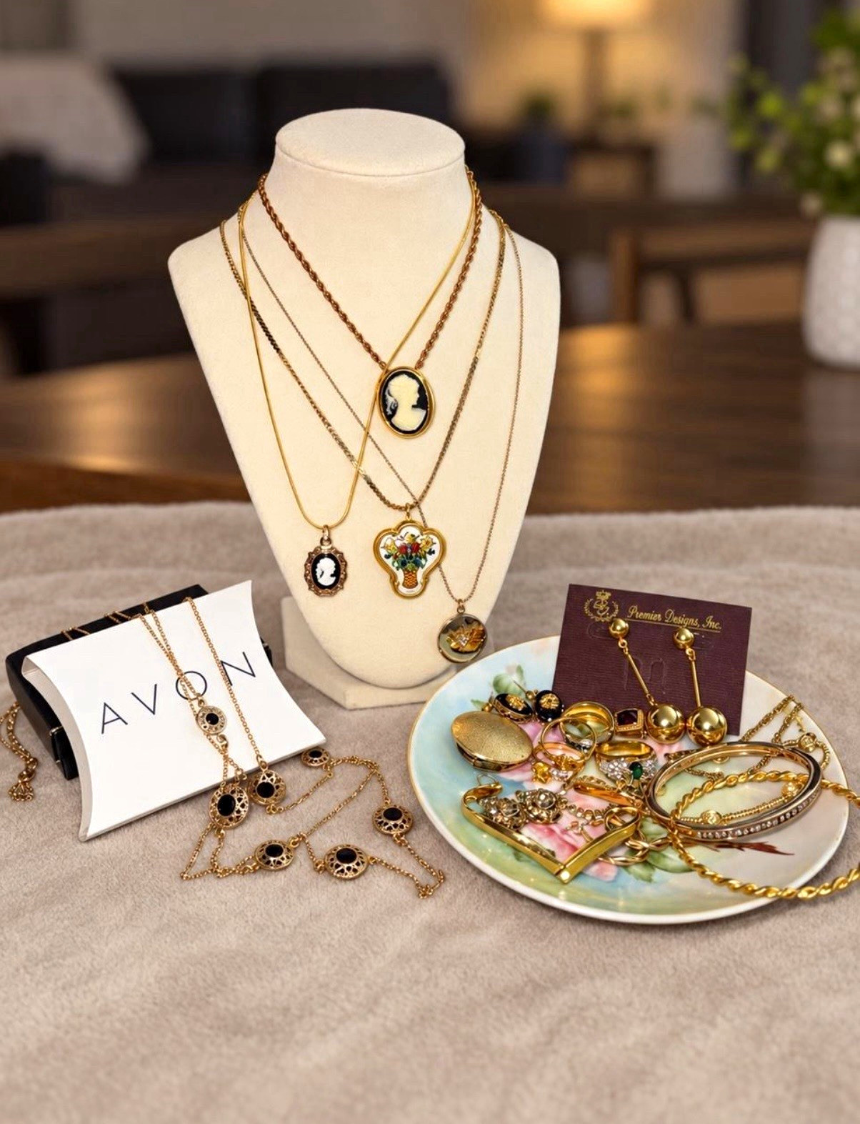 Vintage Gold Tone Jewelry Lot Avon Monet Cameo West Germany + Floral Plate