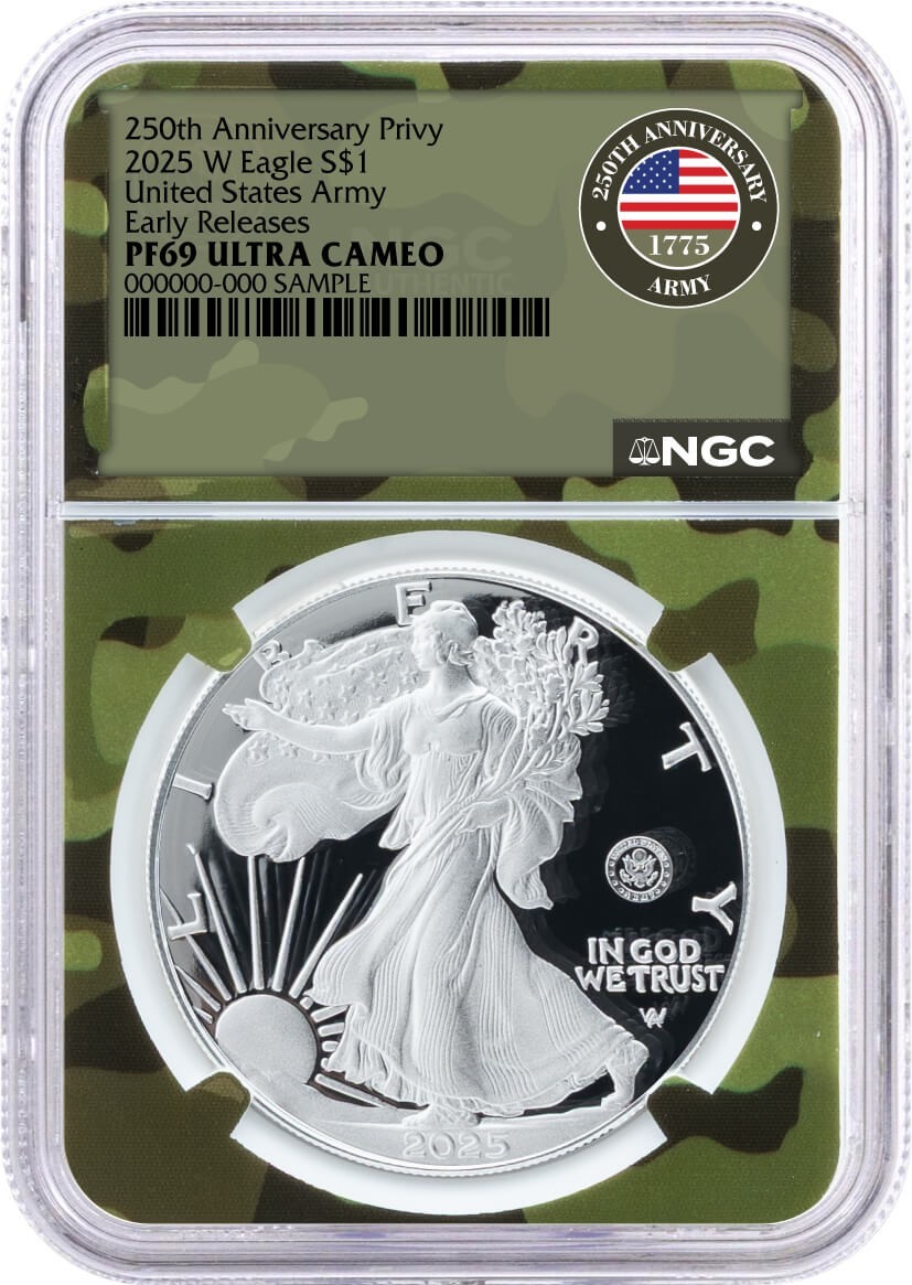2025 W $1 Silver Eagle 250th Anniv U.S. Army Privy NGC PF69 UCAM ER Camo Core 2025 W $1 Silver Eagle 250th Anniv U.S. Army Privy NGC PF69 UCAM ER Camo Core