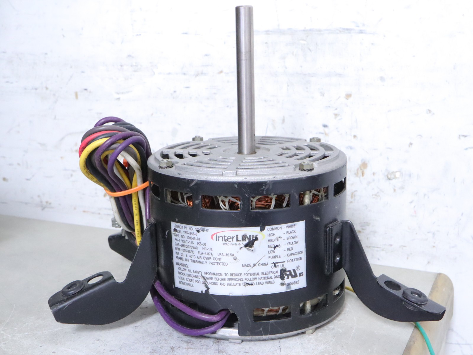 InterLINK LENNOX 100649-01 Blower Motor 1/3HP 115V 1075RPM 4SPD 1PH YFK-245-6