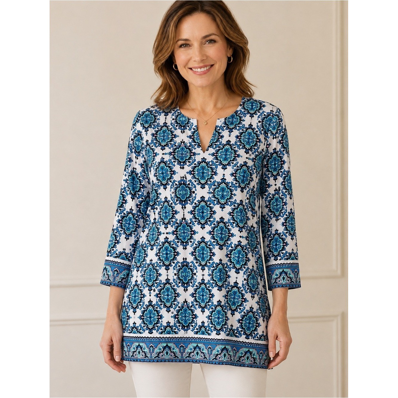 Coolibar St. Lucia Tunic Top Women\'s M Blue Turquoise Print UPF 50+