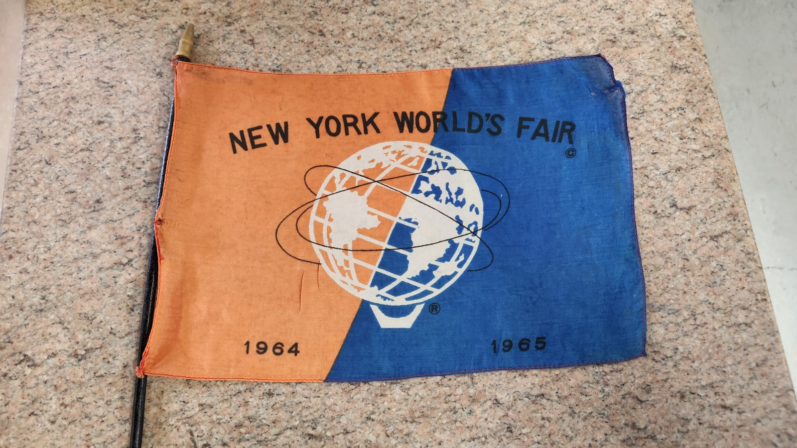 Vtg 1964-65 New York World's Fair Orange & Blue Unisphere Souvenir Desktop Flag