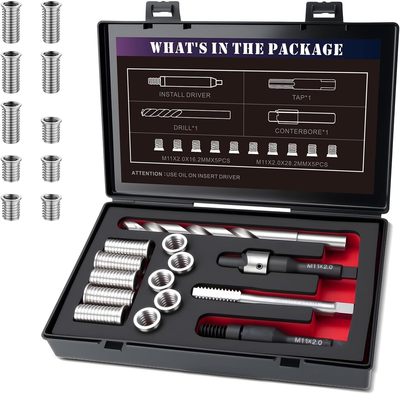 M11X2.0 Metric Thread Repair Kit with Insert HSS Drill, Tap, Installation Dri...