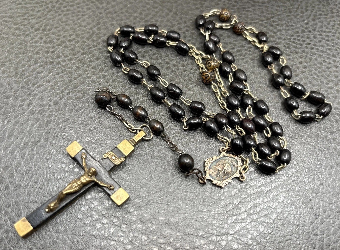 Vintage Catholic Germany Rosary Black / Brown Wood Bead INRI Crucifix Chain 32” Vintage Catholic Germany Rosary Black / Brown Wood Bead INRI Crucifix Chain 32”