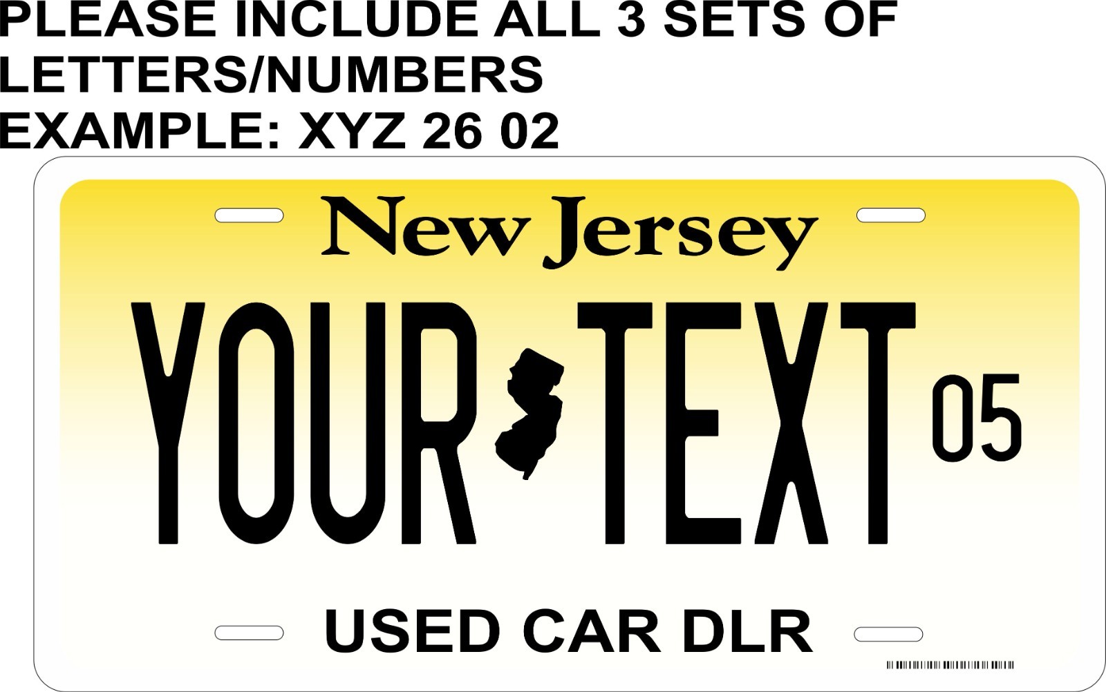 Custom  New Jersey USED CAR DLR License Plate –Personalized Novelty Plate 