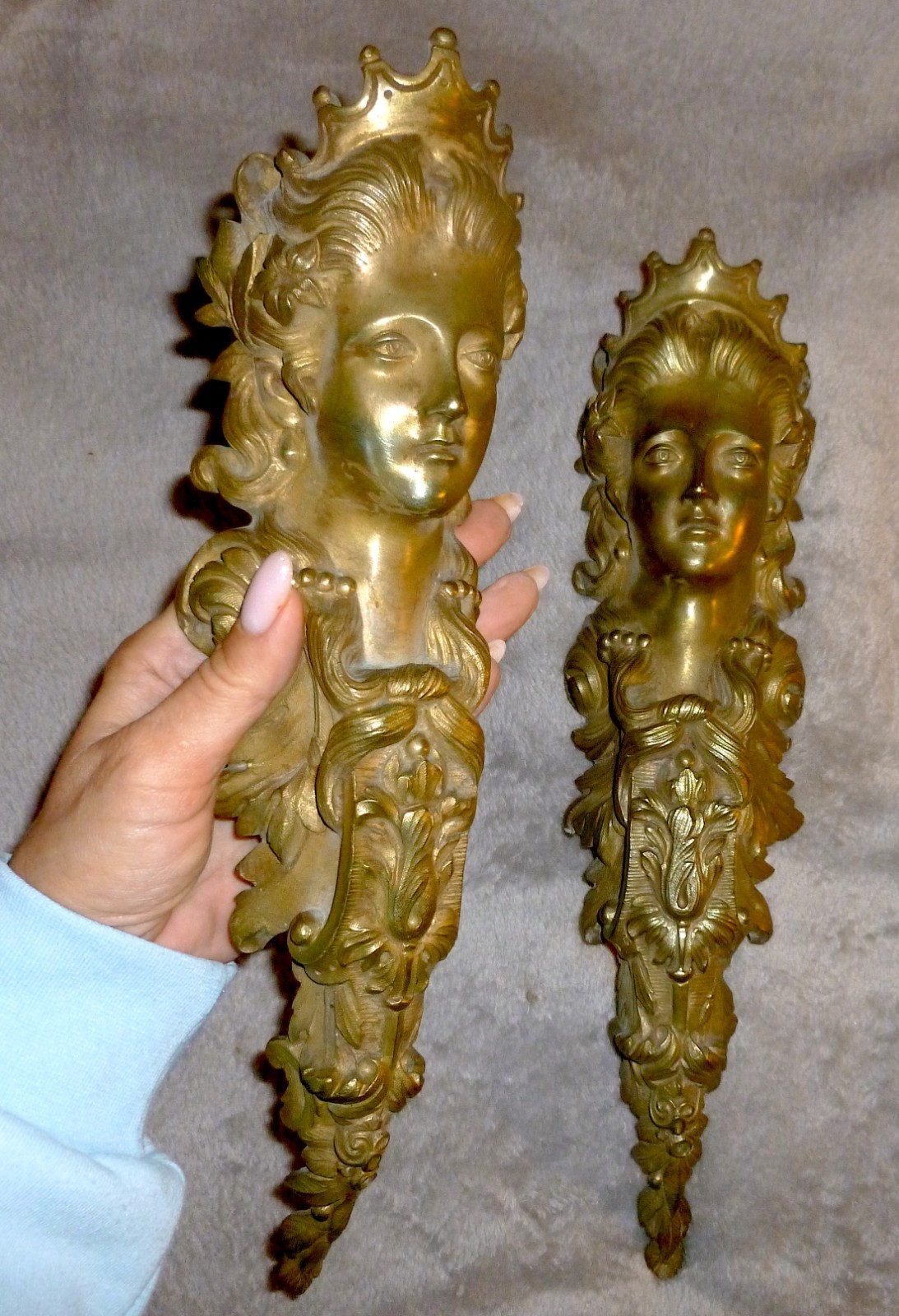 PAIR OF LARGE FRENCH BRONZE/BRASS PEDIMENTS DECORS MOUNTS CARYATID GODDESS  14\