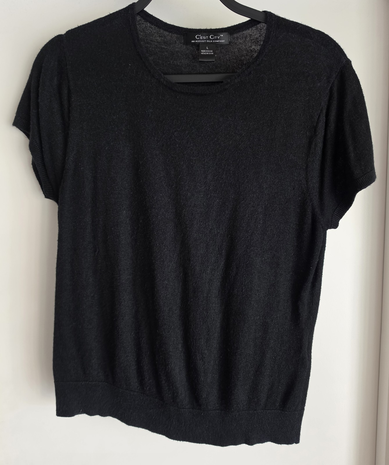 C\'est City Sweater Womens L Black Solid Short Sleeve Pullover Top Shirt