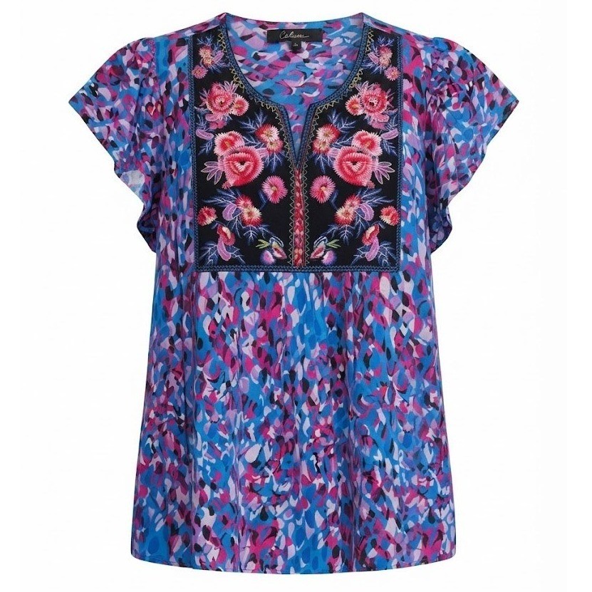 NEW Calessa Blue Multi Embroidered Flutter Sleeve Rayon Blouse Shirt Large - IW