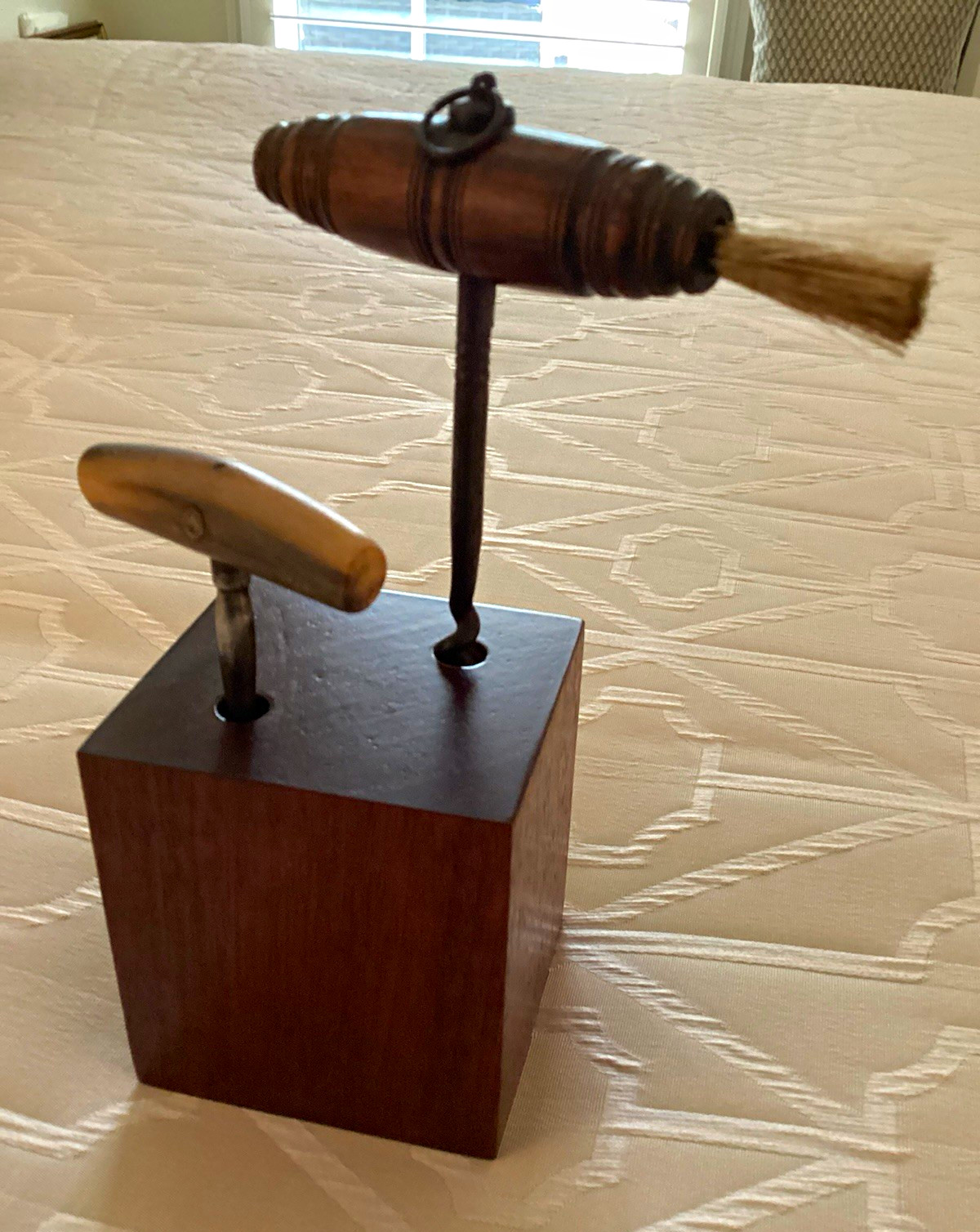 Two Antique Corkscrews With Mahogany Display Base Two Antique Corkscrews With Mahogany Display Base