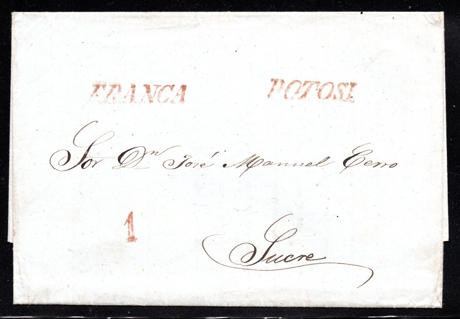 BOLIVIA, CUBIERTA Y CARTA, MARCA DE POTOSI Y FRANCA, DESTINO SUCRE, #138 BOLIVIA, CUBIERTA Y CARTA, MARCA DE POTOSI Y FRANCA, DESTINO SUCRE, #138