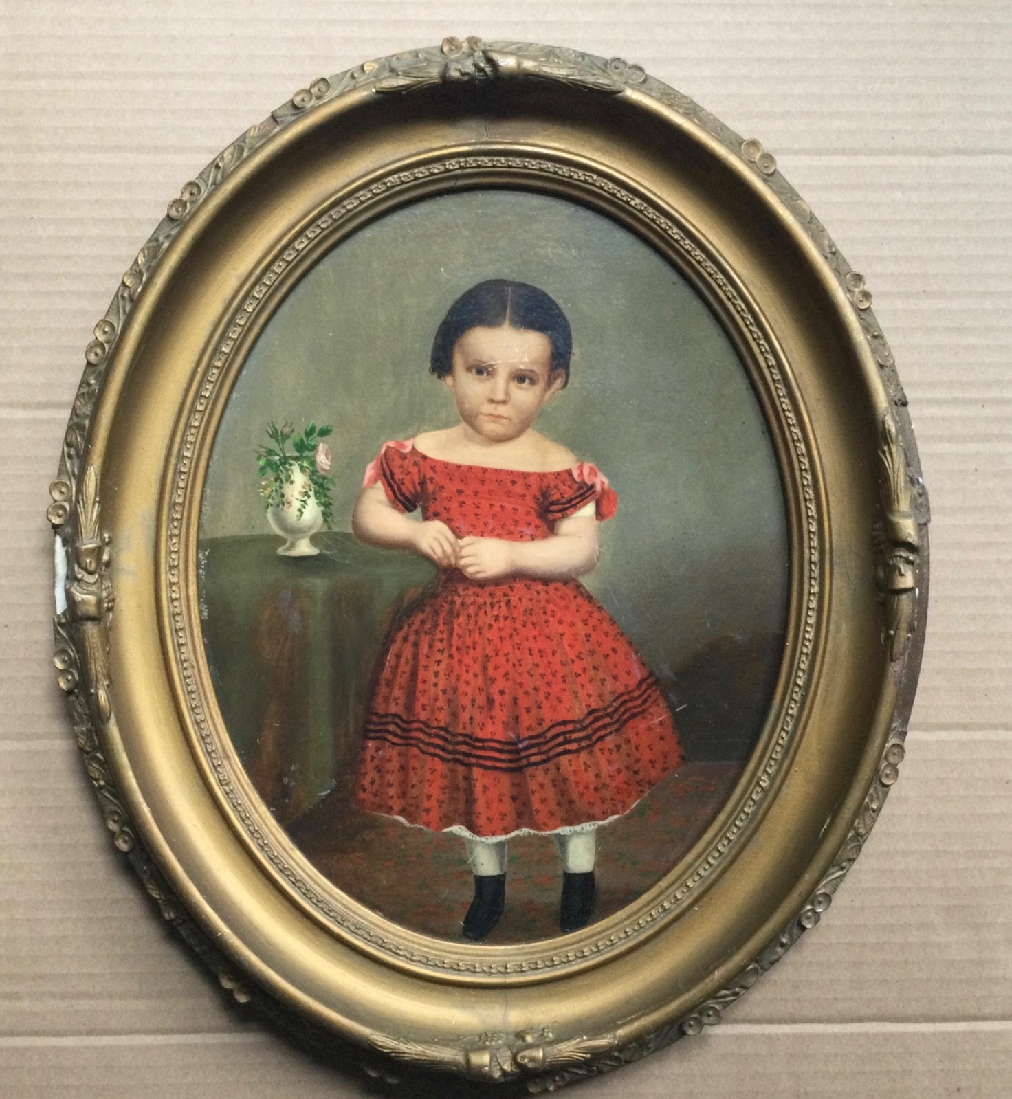 EERIE YOUNG GIRL WITH RED DRESS SUPERB AMERICAN 19TH C PRIMITIVE PAINTING 