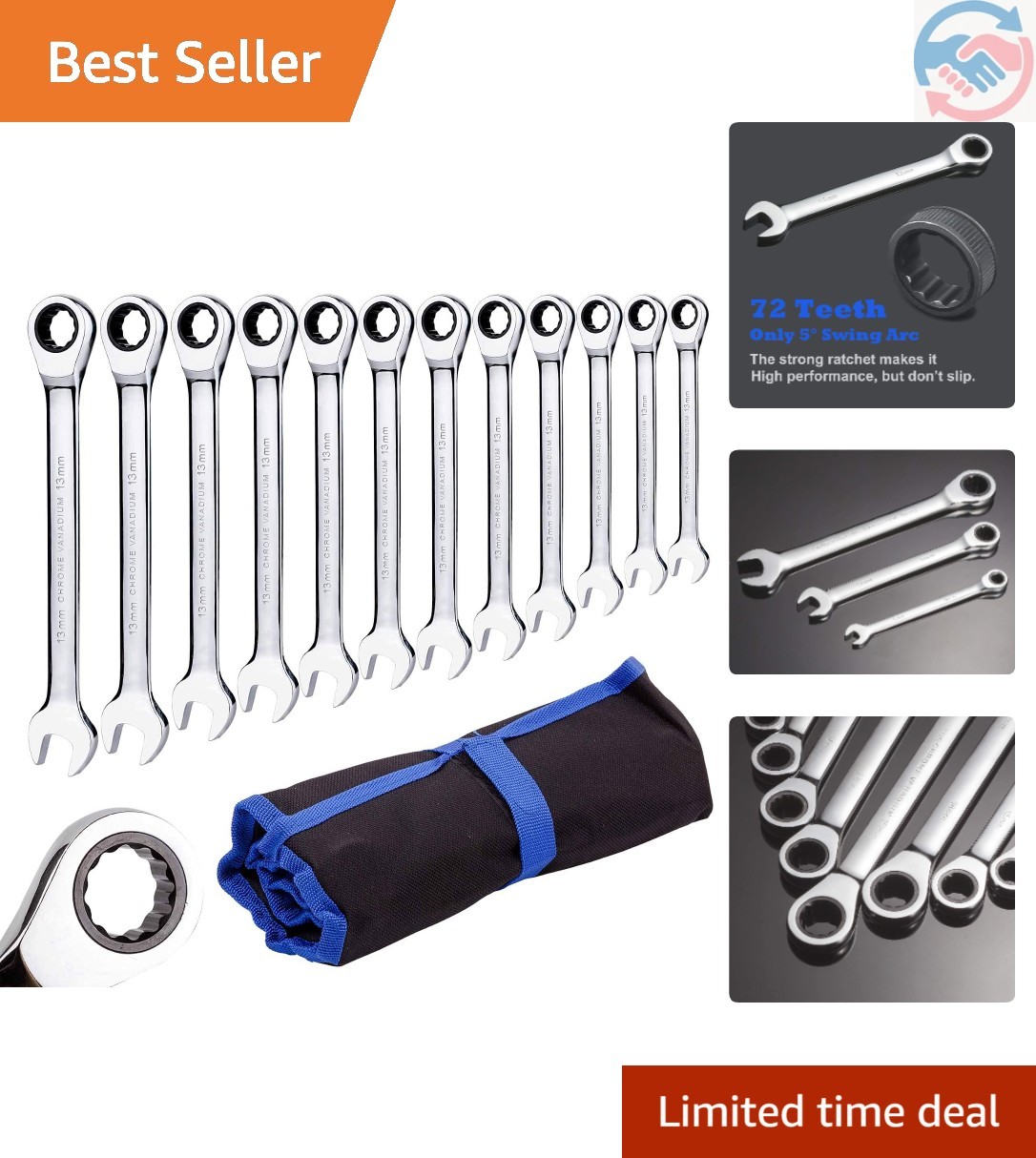 Durable 12-Piece Metric Ratchet Wrench Set 8mm to 19mm - 72-Tooth Mechanism