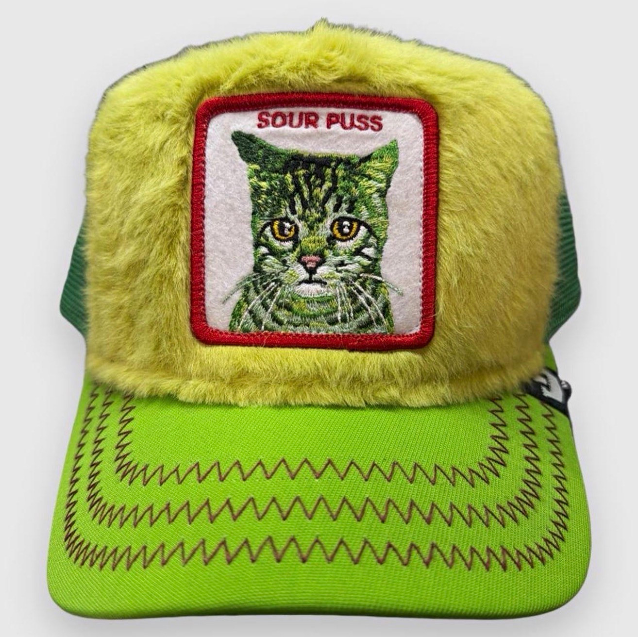 Goorin Bros Sour Puss Cat Patch Trucker Hat Green/Yellow NWT Goorin Bros Sour Puss Cat Patch Trucker Hat Green/Yellow NWT