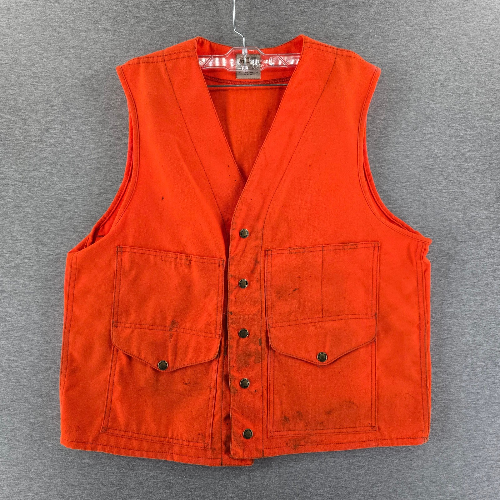 Vintage CC Filson Vest Mens Large Orange Hunting Outdoor Snap Button Pockets
