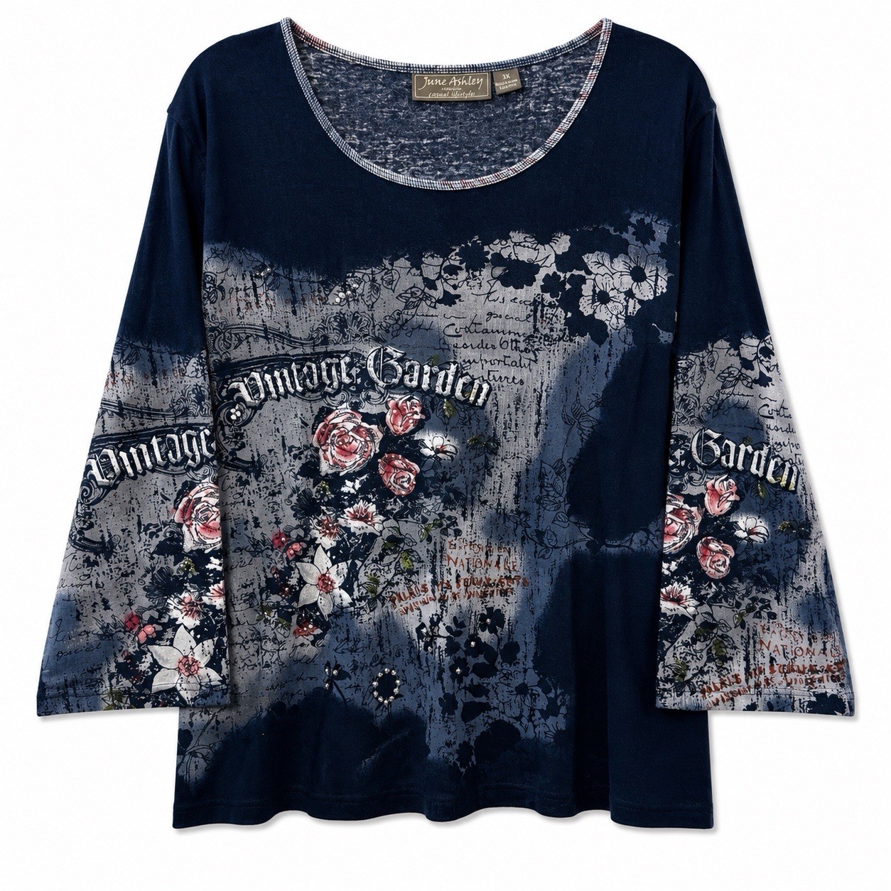 Jane Ashley Floral Graphic Top Womens 3X Boho Romantic 3/4 Sleeve Cottagecore