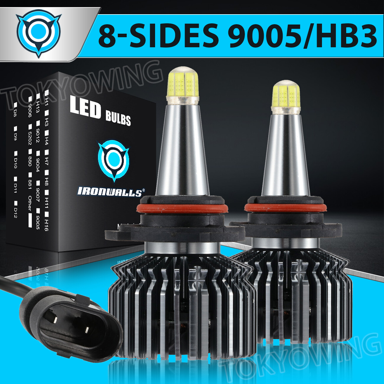 8-sides 9005 HB3 LED Headlight Bulbs Kits Super Bright White High Beam 1500000LM