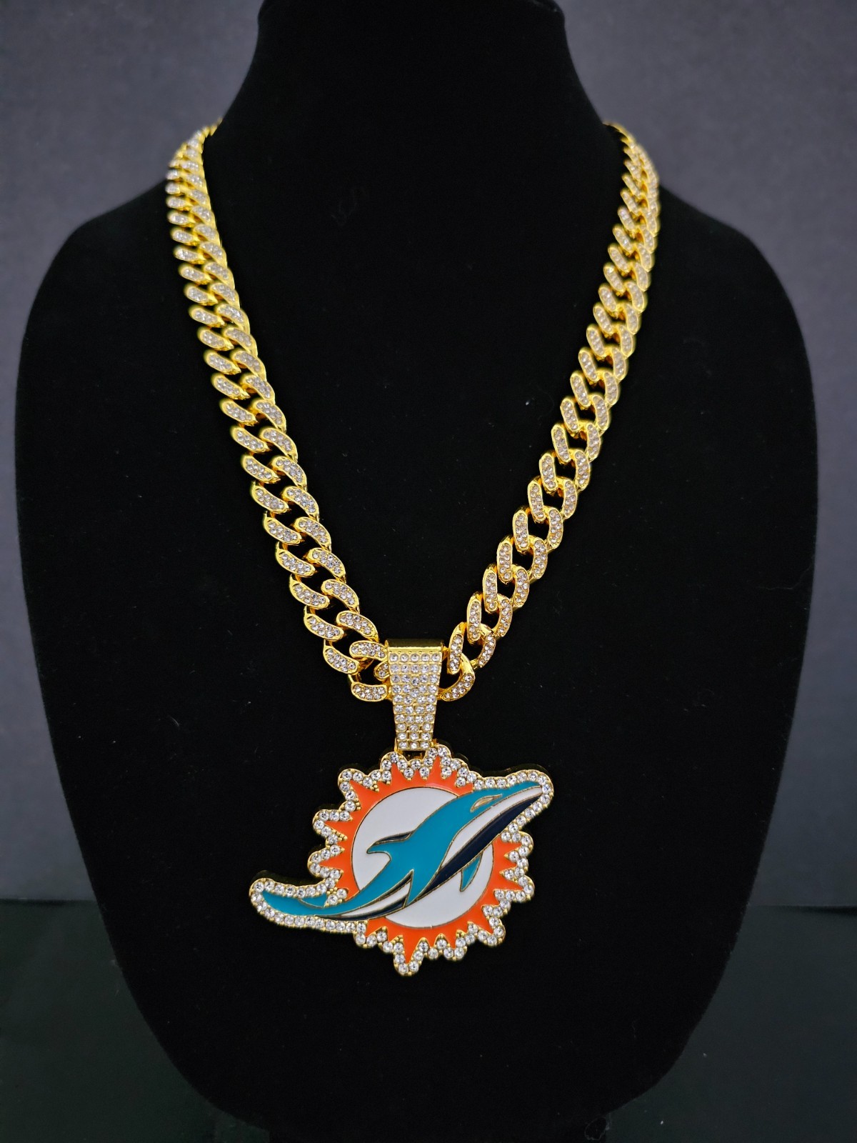 Miami Dolphins Cuban Link Chain Luxury Iced Out Crystal 24\ Miami Dolphins Cuban Link Chain Luxury Iced Out Crystal 24\