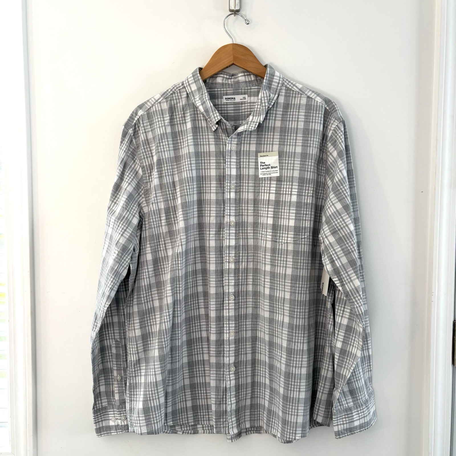NWT Sonoma Men’s Gray Plaid Perfect Length Button Down Shirt XXL Standard Fit NWT Sonoma Men’s Gray Plaid Perfect Length Button Down Shirt XXL Standard Fit