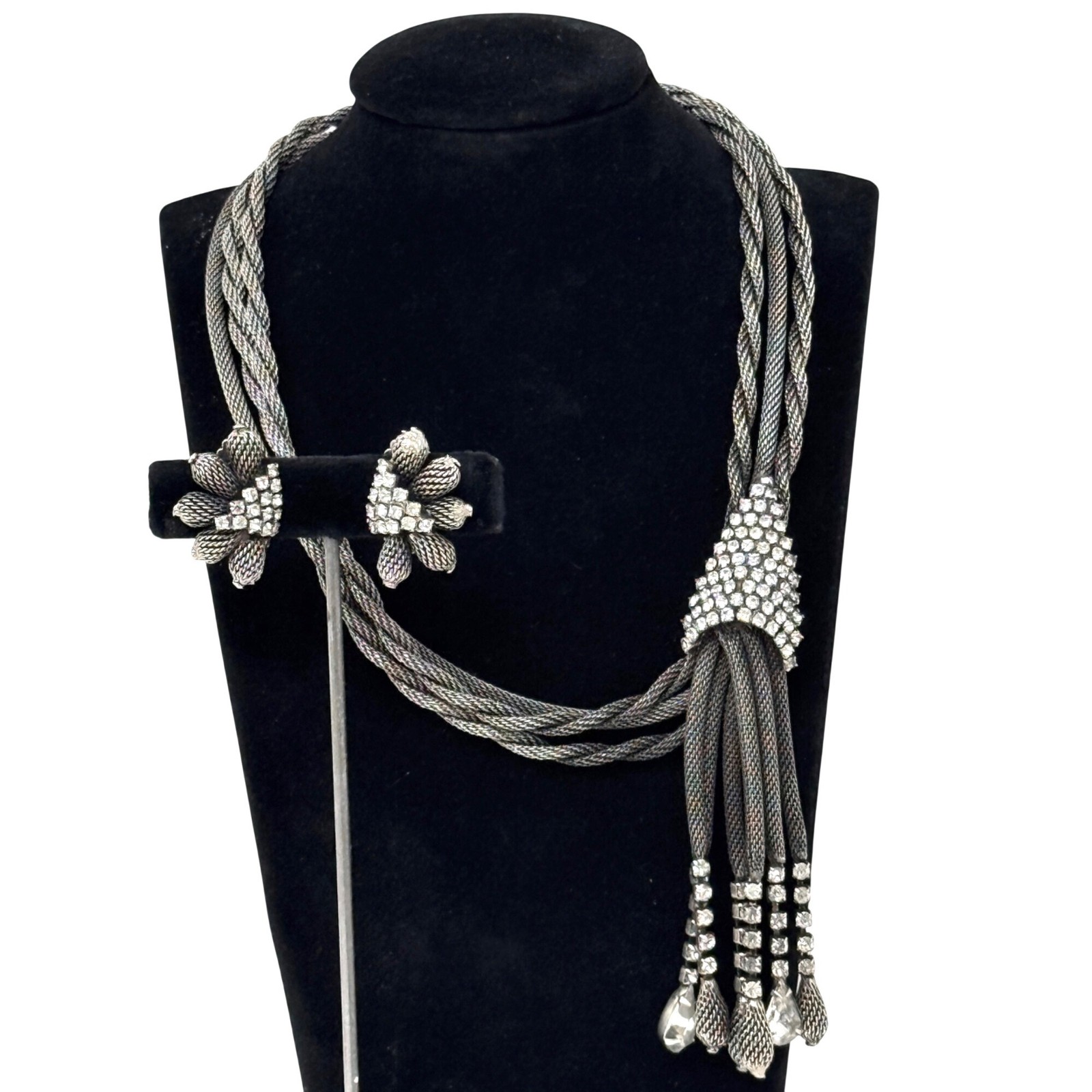 Vintage Kramer of New York Rhinestone Mesh Tassel Necklace Earrings Demi Parure