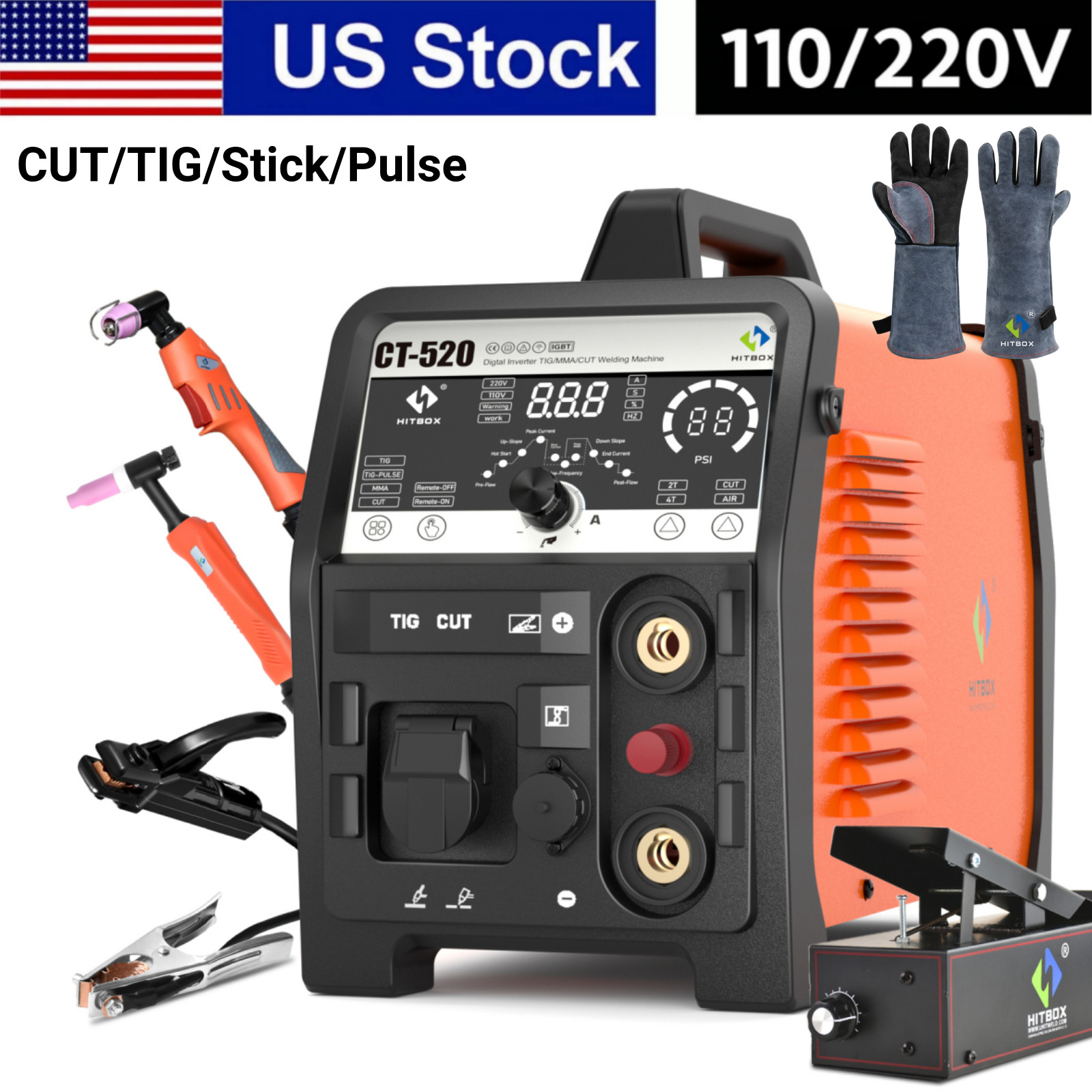 HITBOX 200A HF TIG/MMA/Pulse TIG Welder Air Plasma Cutter 110V/230V &Foot pedal