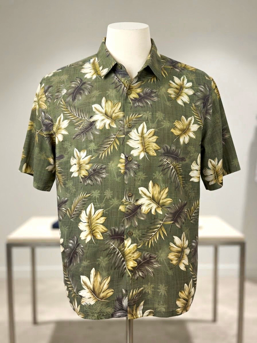 Vintage Campia Moda Rayon Woven Button-Up Shirt Mens 2XLT Green Floral Hawaiian 