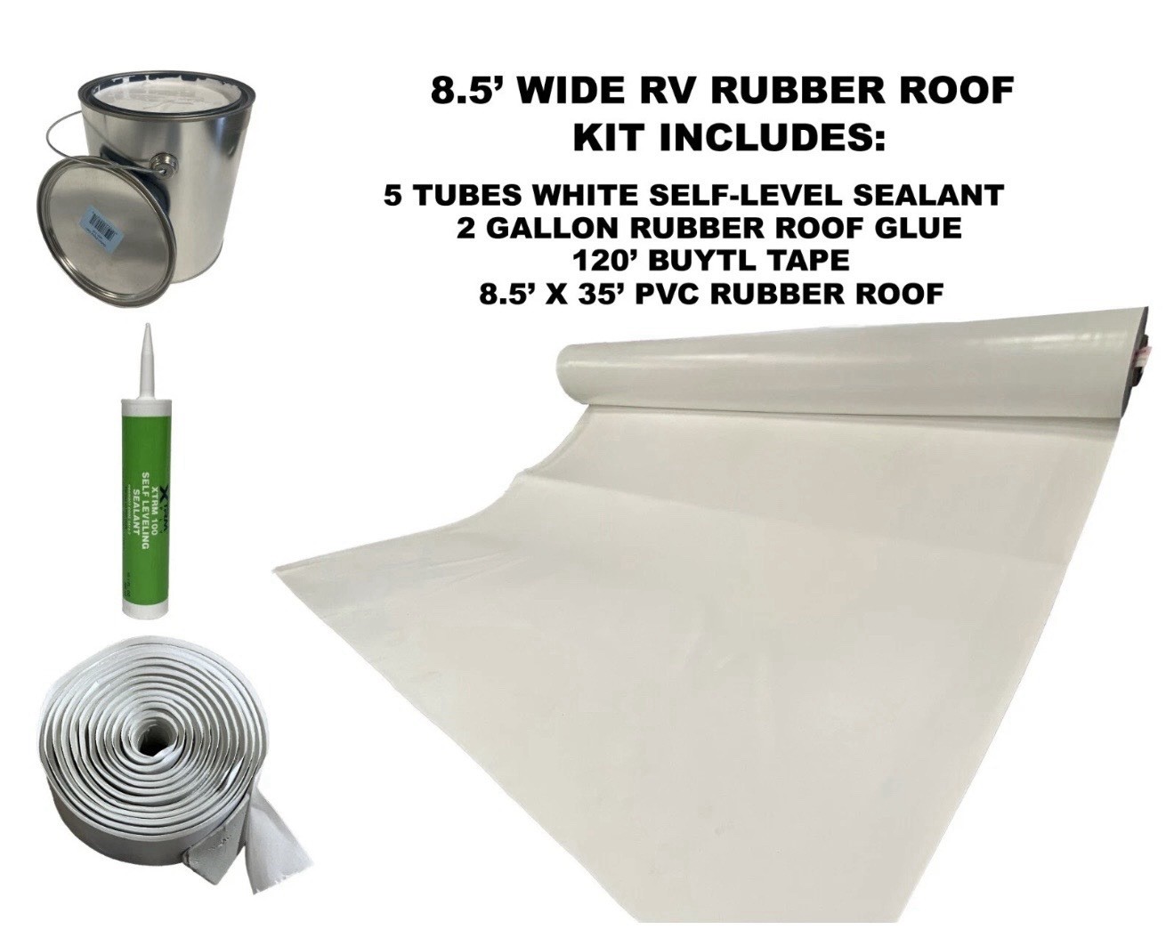 8.5\' Width x 35\' Length PVC RV Rubber Roof Installation Kit Bright White 8.5\' Width x 35\' Length PVC RV Rubber Roof Installation Kit Bright White