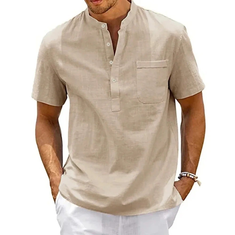 Cotton Linen Shirt Men Henley Neck Pocket Casual Beach Short Sleeve Solid Color 