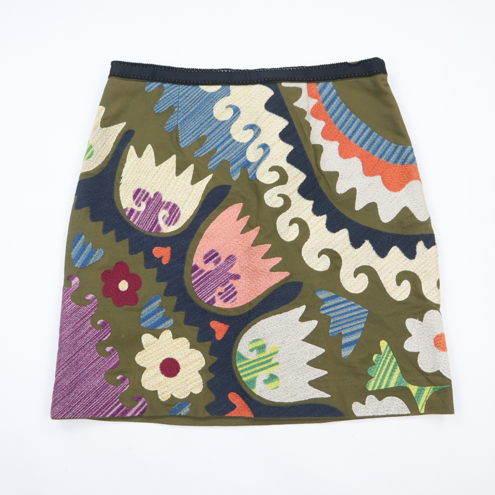 Anthropologie Vanessa Virginia Embroidered A Line Skirt Army Green Boho Size 12