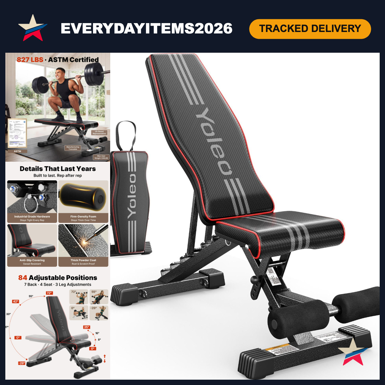 Adjustable Weight Bench - ASTM Certified, 827LBS Capacity, Foldable & Versatile