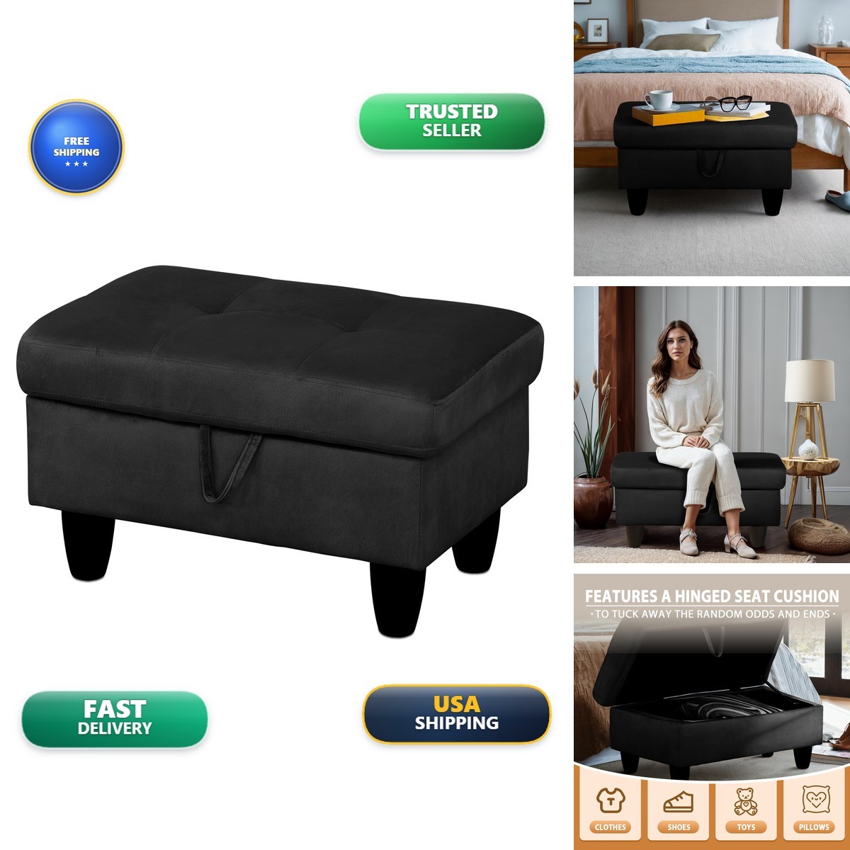 GRETERST Rectangular Storage Ottoman Bench Black 28.5\