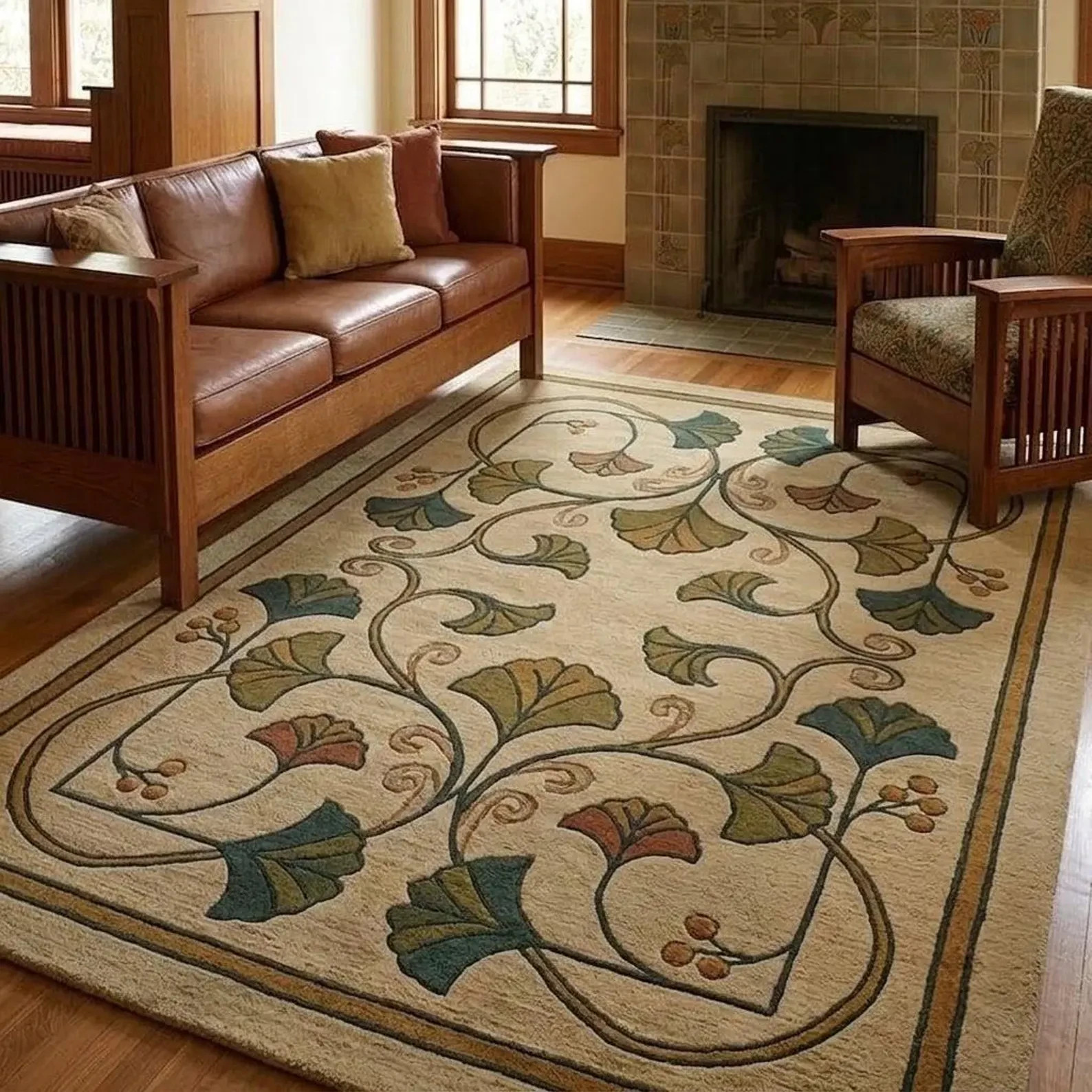 Frank Lloyd Wright Inspired Ginkgo Wool Area Rug | Arts and Crafts Movement Carp