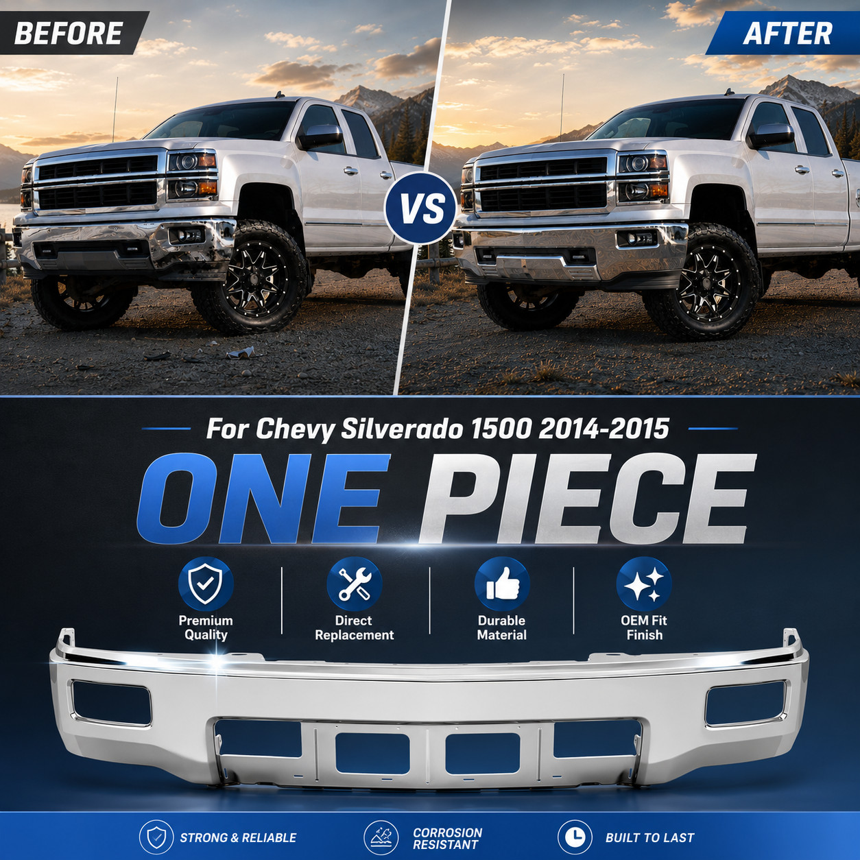 For 2014-2015 Chevy Silverado 1500 Front Bumper Face Bar Chrome W/ Fog Hole