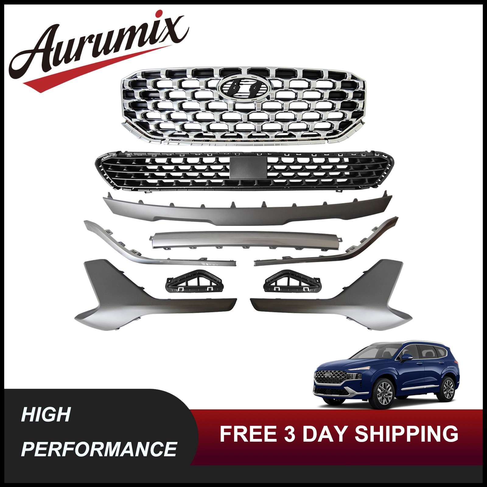 Fits 2021-2023 Hyundai Santa Fe Front Upper Lower Grille & Skid Plate Molding