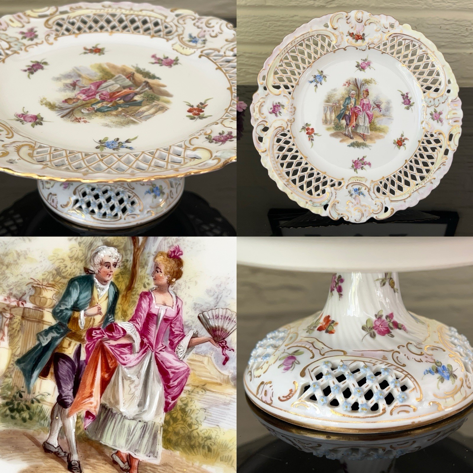 Antique Carl Thieme Tazza Watteau Style Pierced Porcelain Encrusted Flowers 9”W