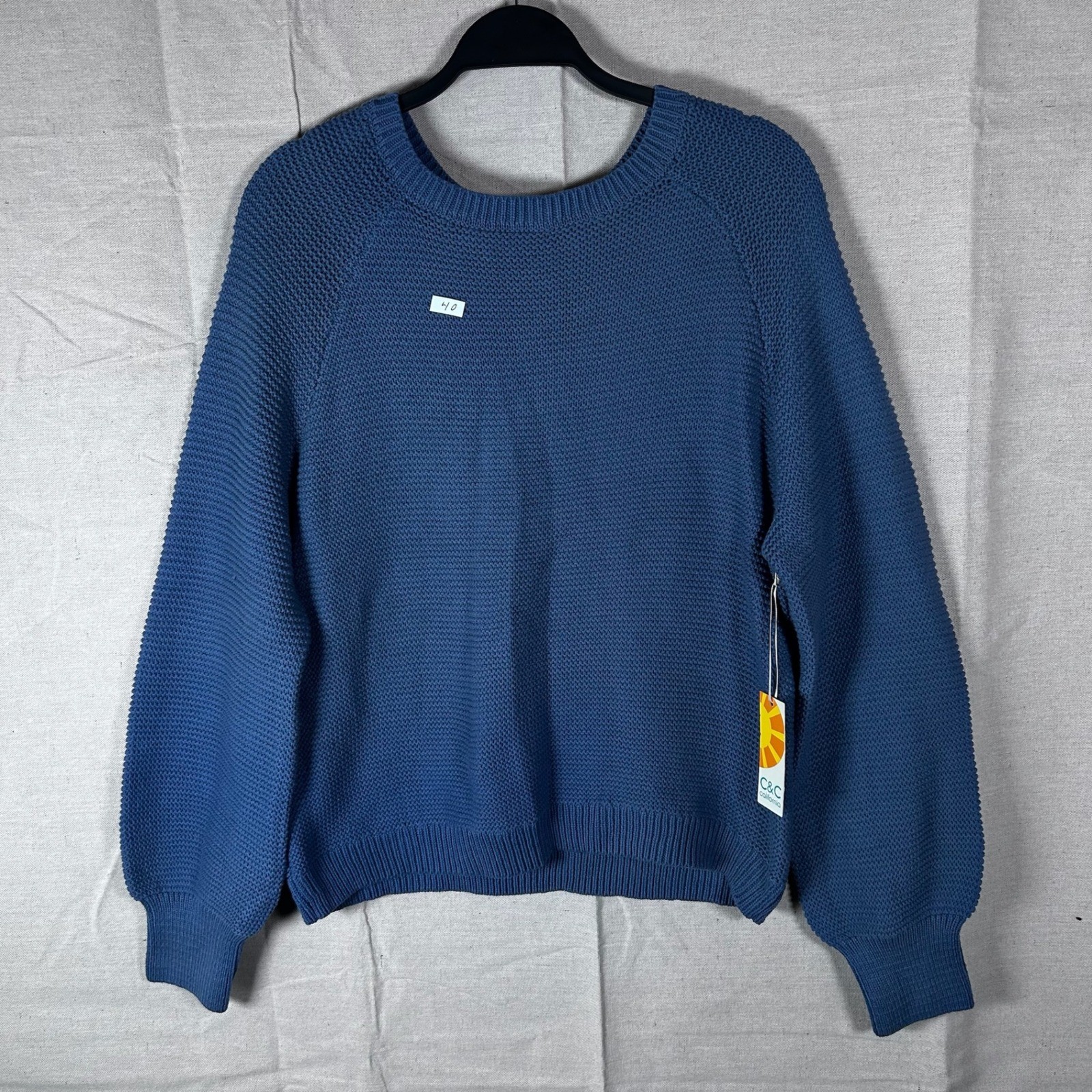 C&C California NWT Women Blue Knit Pullover Sweater Cotton Blend Crew Neck Large