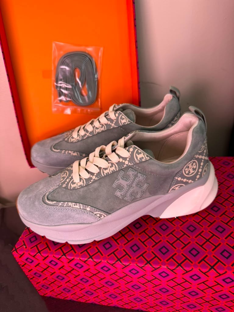 Tory Burch T MONOGRAM GOOD LUCK TRAINER Sneakers Shoes Blue Celadon Size 8 NIB
