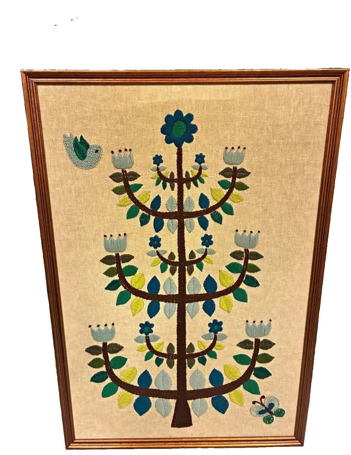 Vintage 1970s large crewel embroidery in the pattern Blue Tulip Tree of Life