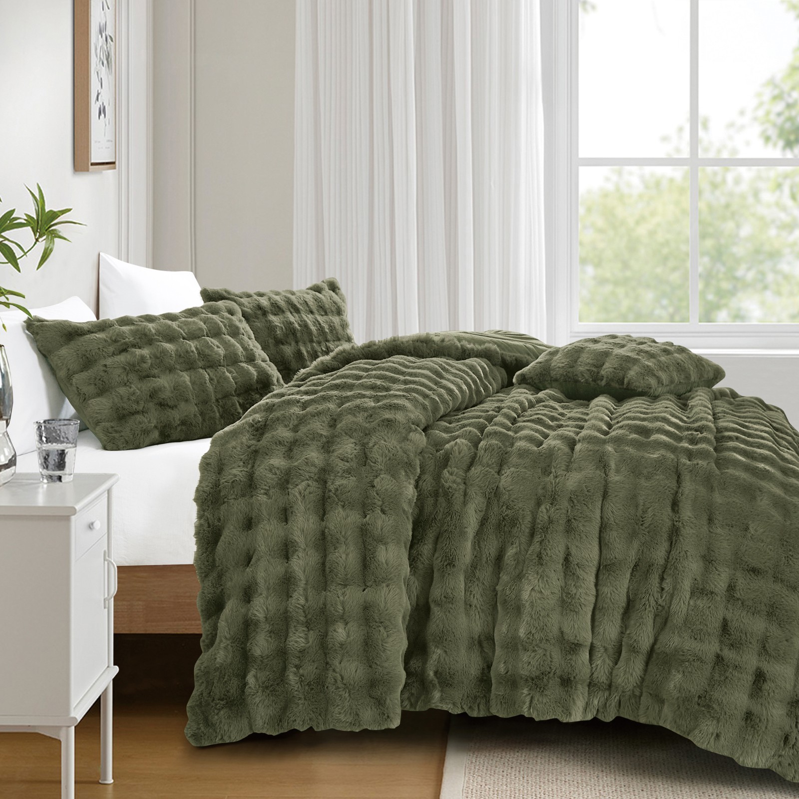 HIG 7PC Olive Green Faux Fur Plush Duvet Cover Set Queen/King Size HIG 7PC Olive Green Faux Fur Plush Duvet Cover Set Queen/King Size