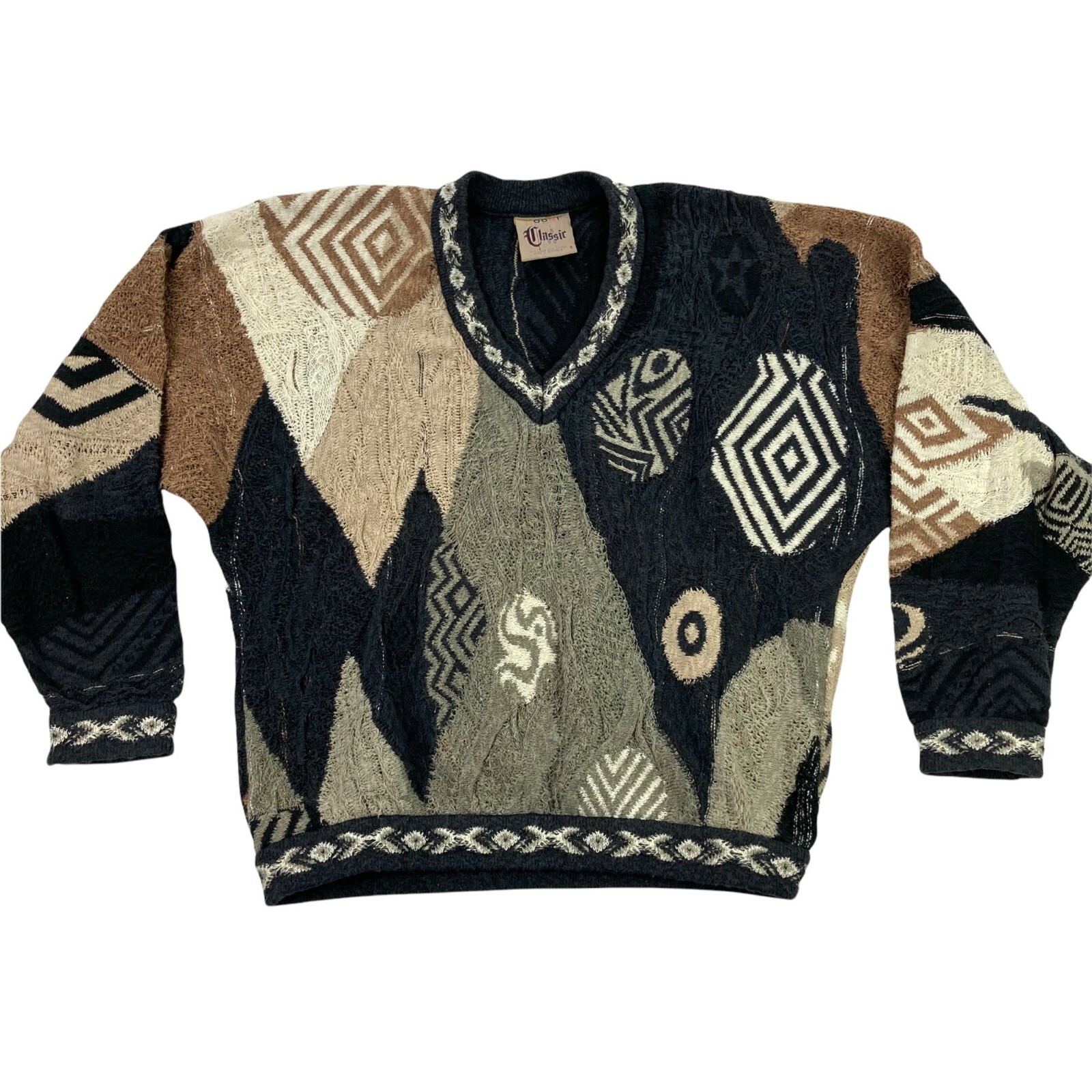 VTG Coogi Men\'s Linen Biggie Multicolor Knit Sweater Brown Gray Black • Small
