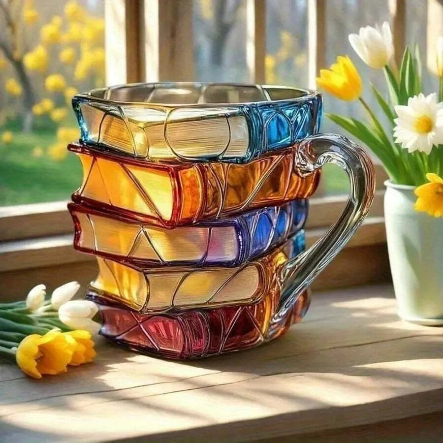 1pc Hand-Painted Book Stack Design Coffee Mug, Stackable Glass Cup With Vibrant