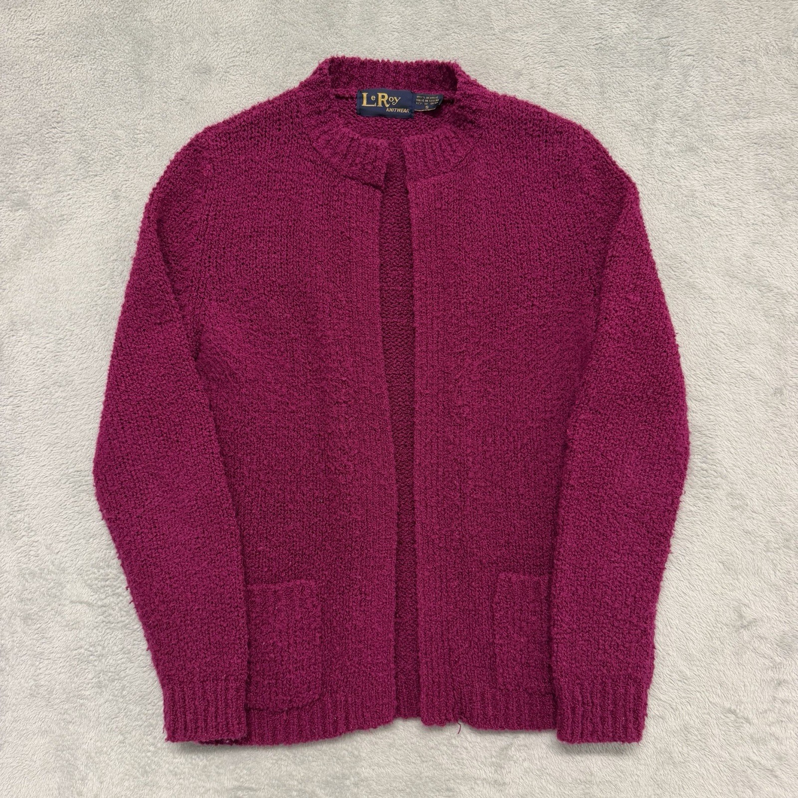 Vintage Le Roy Knitwear Cardigan Womens S Magenta Pink Boucle Open Front 90s Vintage Le Roy Knitwear Cardigan Womens S Magenta Pink Boucle Open Front 90s