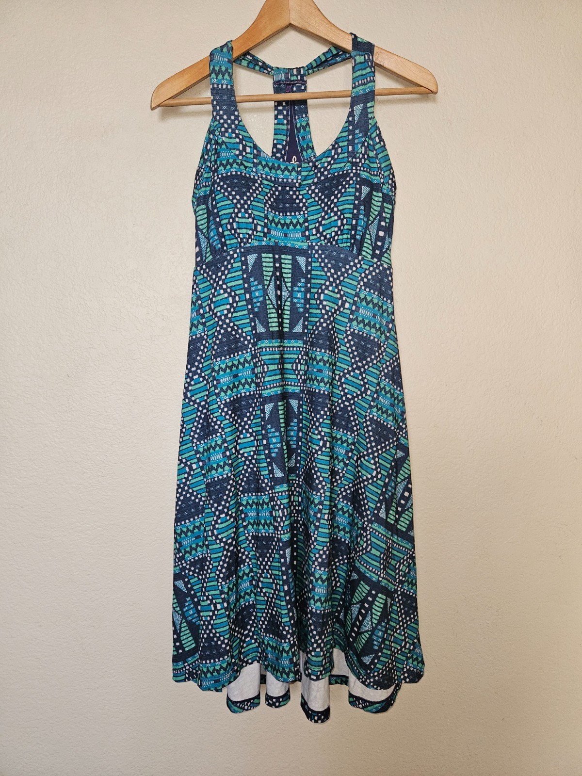 prAna Cali Racerback Dress Size Small Geometric Navy Green Bridge Print Veeda