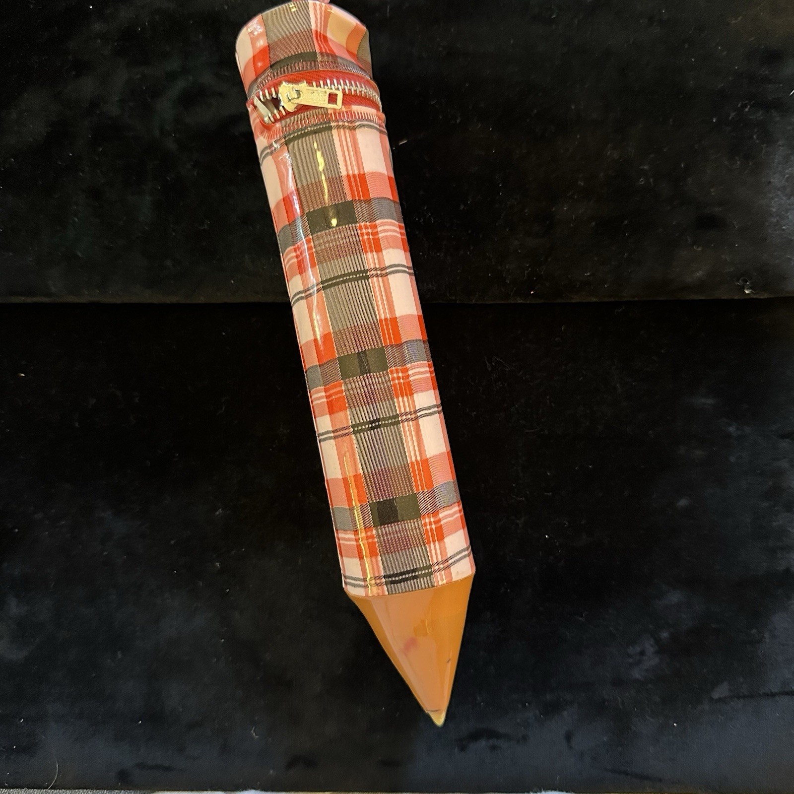 Vintage 1960s Giant Pencil Shaped Pencil Case Plaid Vinyl Zipper School