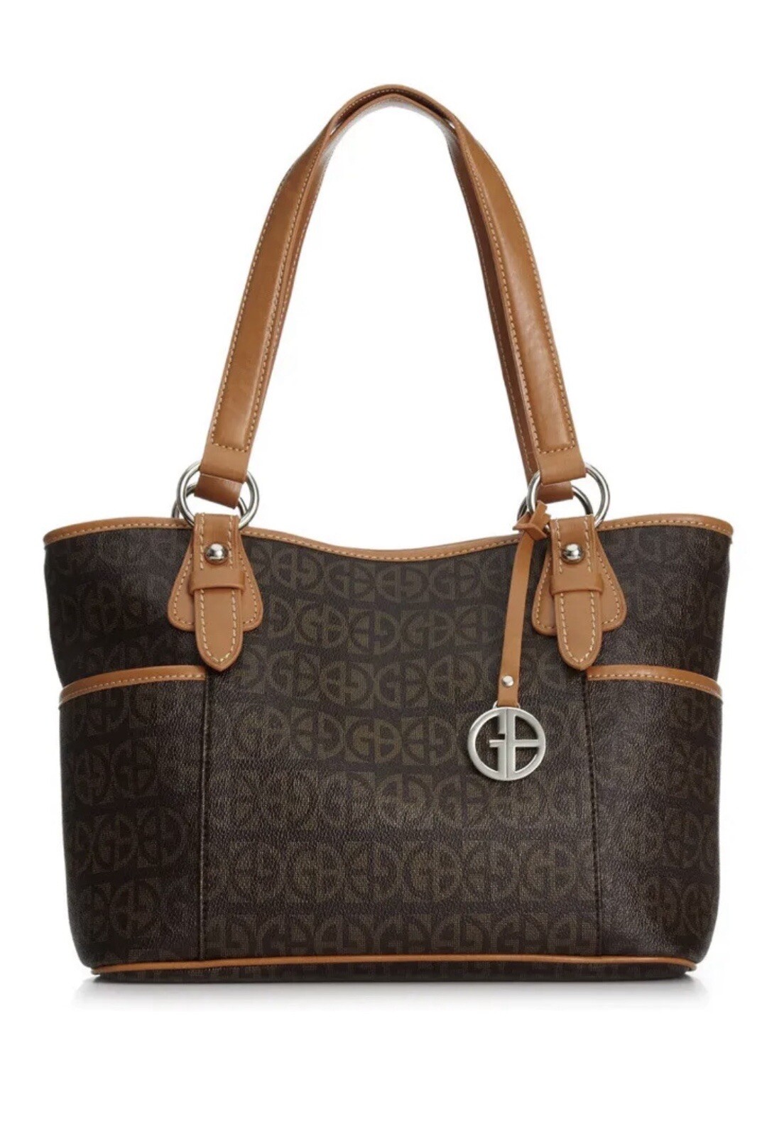  Giani Bernini Block Signature Brown & Tan Faux Leather Tote Bag Zippered