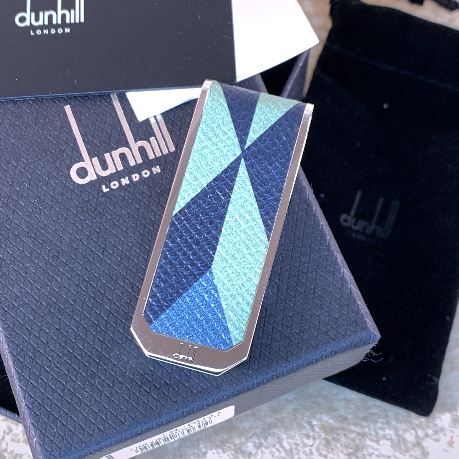 Dunhill Cadogan Engine Turn Money Clip Blue Leather Silver Tone with Case & Card