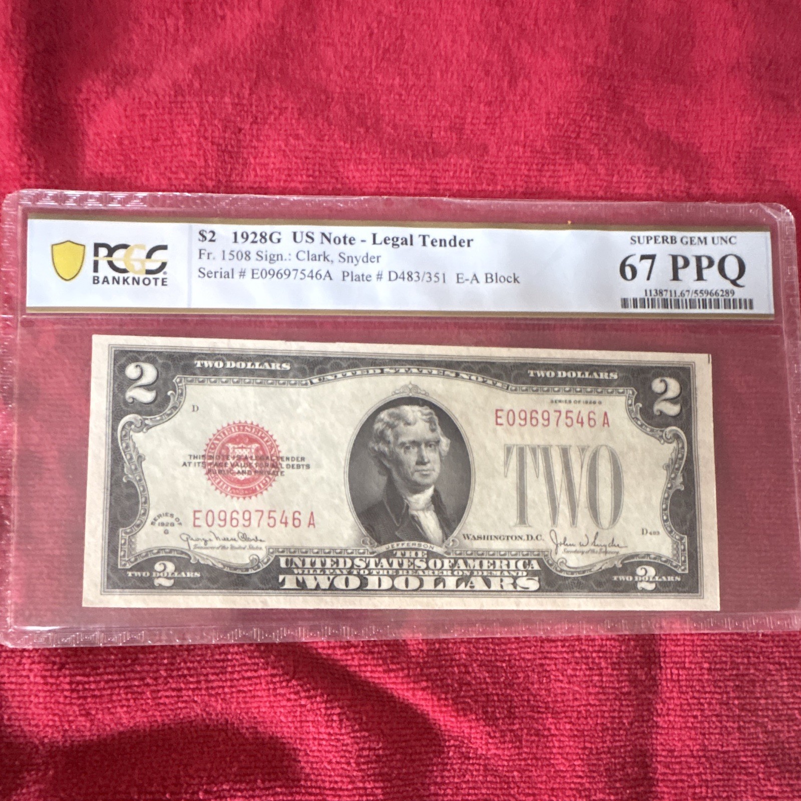 1928G $2 United States Note Banknote PCGS Banknote 67 PPQ Uncirculated